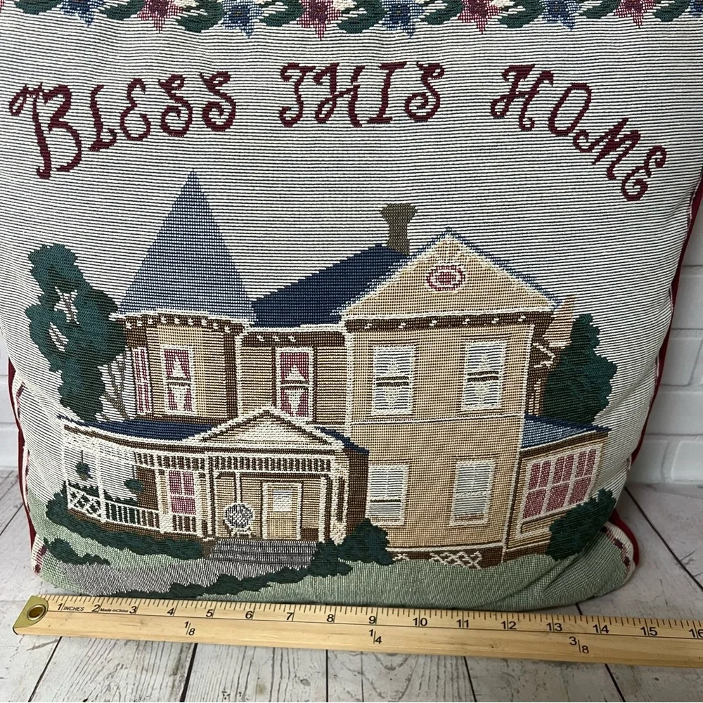 Cottage Core Tapestry Bless This Home Accent Throw Pillow Victorian House VTG